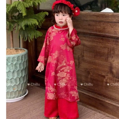 Áo Dài Cách Tân Mẹ và Bé Gấm Đỏ Chim Hoa Cổ 2p Tay Loe Lễ Tết Kèm Bờm BY005 Giảm Giá Đặc Biệt 512k 4