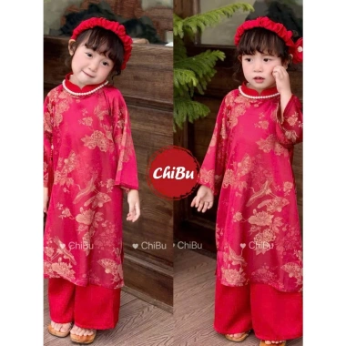 Áo Dài Cách Tân Mẹ và Bé Gấm Đỏ Chim Hoa Cổ 2p Tay Loe Lễ Tết Kèm Bờm BY005 Giảm Giá Đặc Biệt 512k 5