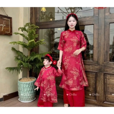 Áo Dài Cách Tân Mẹ và Bé Gấm Đỏ Chim Hoa Cổ 2p Tay Loe Lễ Tết Kèm Bờm BY005 Giảm Giá Đặc Biệt 512k 6