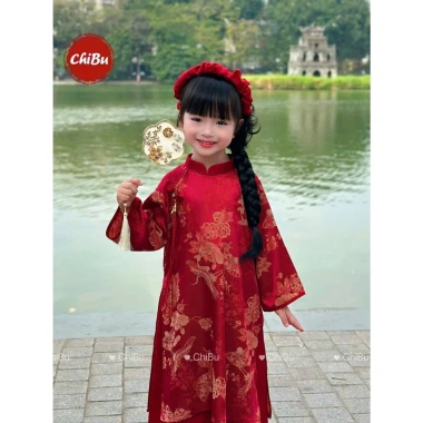 Áo Dài Cách Tân Mẹ và Bé Gấm Đỏ Chim Hoa Cổ 2p Tay Loe Lễ Tết Kèm Bờm BY005 Giảm Giá Đặc Biệt 512k 7