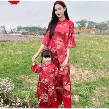 Áo Dài Cách Tân Mẹ và Bé Gấm Đỏ Chim Hoa Cổ 2p Tay Loe Lễ Tết Kèm Bờm BY005 Giảm Giá Đặc Biệt 512k 8