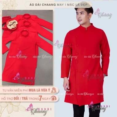Áo dài cách tân nam đỏ Chaang May vải phom vestton dày dặn, tiệc cưới lễ tết ADC146