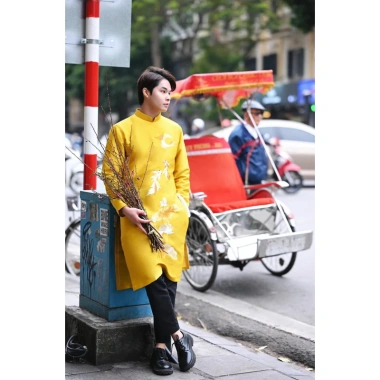 Áo dài cách tân nam truyền thống thêu hoa sen vàng - Hoàng Mai, size 50-105kg, giảm giá 399.000₫, phong cách sang trọng