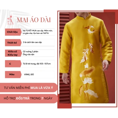Áo dài cách tân nam truyền thống thêu hoa sen vàng - Hoàng Mai, size 50-105kg, giảm giá 399.000₫, phong cách sang trọng 5 Áo dài cách tân nam truyền thống thêu hoa sen vàng - Hoàng Mai, size 50-105kg, giảm giá 399.000₫, phong cách sang trọng 5