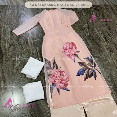 Áo Dài Cách Tân Nữ 4 Tà Hoa Hồng Bự, Cổ Tròn Tay Lỡ, Lụa Tơ Óng - Giá 560k