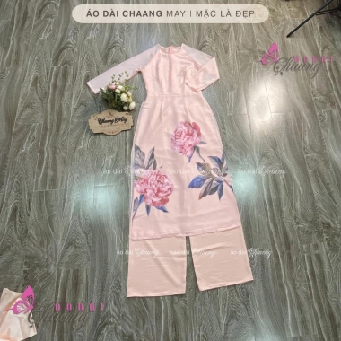 Áo Dài Cách Tân Nữ 4 Tà Hoa Hồng Bự, Cổ Tròn Tay Lỡ, Lụa Tơ Óng - Giá 560k