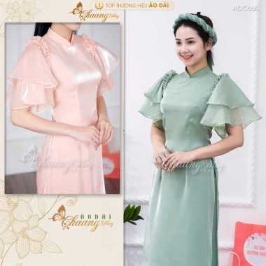 Áo Dài Cách Tân Nữ Cổ Vuông Tay Bèo Cánh Thiên Lụa Tơ Óng Hồng Đỏ 4 Tà Dự Tiệc Lễ Tết Giá 438.786 VND