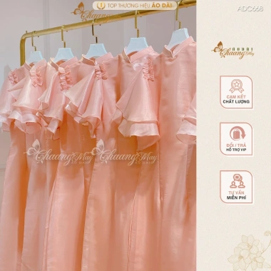 Áo Dài Cách Tân Nữ Cổ Vuông Tay Bèo Cánh Thiên Lụa Tơ Óng Hồng Đỏ 4 Tà Dự Tiệc Lễ Tết Giá 438.786 VND