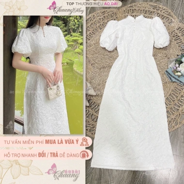 Áo dài cách tân nữ Lê Vi tay vai thun bồng, lụa gấm xốp hoa, may sẵn CHAANG ADC510 - Đẹp dự tiệc lễ tết 411k