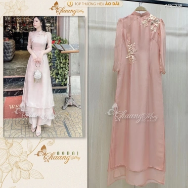 Áo Dài Cách Tân Nữ Tay Bồng Lụa Tơ Hồng Nude Ren Hoa Dự Tiệc Lễ Tết ADC338