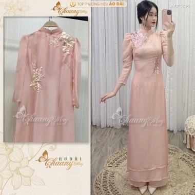 Áo Dài Cách Tân Nữ Tay Bồng Lụa Tơ Hồng Nude Ren Hoa Dự Tiệc Lễ Tết ADC338 2 Áo Dài Cách Tân Nữ Tay Bồng Lụa Tơ Hồng Nude Ren Hoa Dự Tiệc Lễ Tết ADC338 2
