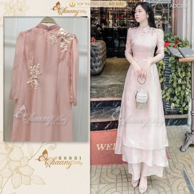 Áo Dài Cách Tân Nữ Tay Bồng Lụa Tơ Hồng Nude Ren Hoa Dự Tiệc Lễ Tết ADC338 7 Áo Dài Cách Tân Nữ Tay Bồng Lụa Tơ Hồng Nude Ren Hoa Dự Tiệc Lễ Tết ADC338 7