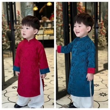 Áo dài cách tân Tết bé trai gấm dệt hoa văn cao cấp Hoàng Mai kèm quần, giá 199k