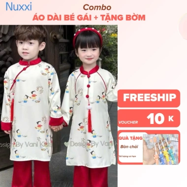 Áo dài cách tân Tết trẻ em 10-30kg họa tiết ngộ nghĩnh, vải mềm mịn, giảm 128k