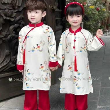 Áo dài cách tân Tết trẻ em 10-30kg họa tiết ngộ nghĩnh, vải mềm mịn, giảm 128k