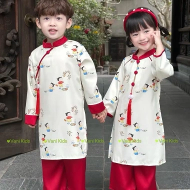 Áo dài cách tân Tết trẻ em 10-30kg họa tiết ngộ nghĩnh, vải mềm mịn, giảm 128k