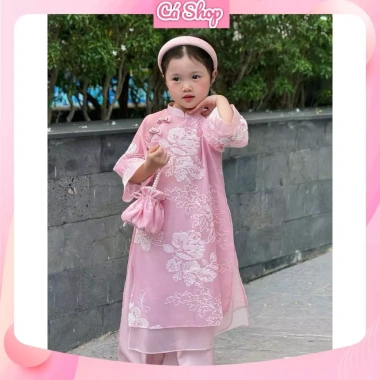 Áo dài cách tân tơ nổi hoa trắng + quần lụa xuông + bờm cho bé gái - Giá ưu đãi 50.000₫ Lễ Tết Set hoàn chỉnh 3