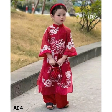 Áo dài cách tân tơ nổi hoa trắng + quần lụa xuông + bờm cho bé gái - Giá ưu đãi 50.000₫ Lễ Tết Set hoàn chỉnh 4