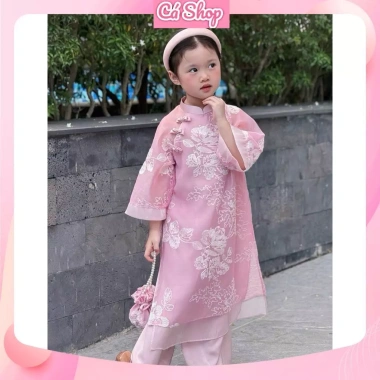 Áo dài cách tân tơ nổi hoa trắng + quần lụa xuông + bờm cho bé gái - Giá ưu đãi 50.000₫ Lễ Tết Set hoàn chỉnh 5