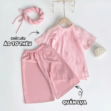 Áo dài cách tân tơ thêu hồng RIOKIDS cho bé gái 4-28kg Lễ Tết du Xuân chụp hình AD36 giá 229k 2