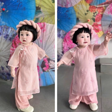 Áo dài cách tân tơ thêu hồng RIOKIDS cho bé gái 4-28kg Lễ Tết du Xuân chụp hình AD36 giá 229k 6