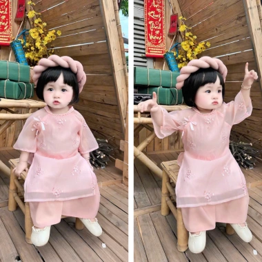 Áo dài cách tân tơ thêu hồng RIOKIDS cho bé gái 4-28kg Lễ Tết du Xuân chụp hình AD36 giá 229k 7