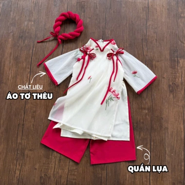 Áo dài cách tân tơ thêu hồng RIOKIDS cho bé gái 4-28kg Lễ Tết du Xuân chụp hình AD36 giá 229k 8