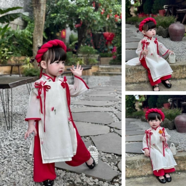 Áo dài cách tân tơ thêu hồng RIOKIDS cho bé gái 4-28kg Lễ Tết du Xuân chụp hình AD36 giá 229k 9