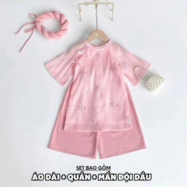 Áo dài cách tân tơ thêu hồng RIOKIDS cho bé gái 4-28kg Lễ Tết du Xuân chụp hình AD36 giá 229k 10