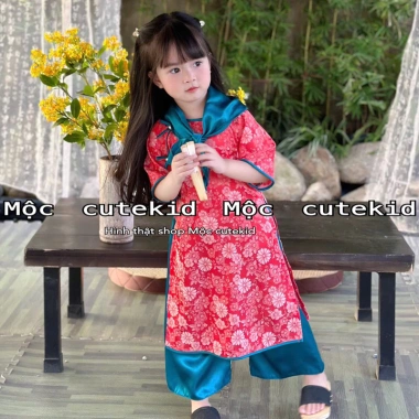 Áo dài Cát Tường gấm vân hoa, quần lụa cho bé gái, Tặng Khăn Tuban, Lễ Tết 7-35kg 3