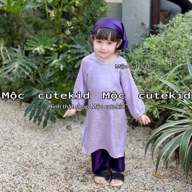 Áo dài Cát Tường gấm vân hoa, quần lụa cho bé gái, Tặng Khăn Tuban, Lễ Tết 7-35kg 5