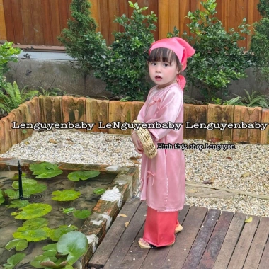 Áo dài Cát Tường gấm vân hoa, quần lụa cho bé gái, Tặng Khăn Tuban, Lễ Tết 7-35kg 9