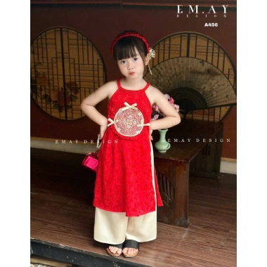 Áo dài cổ yếm Nàng Xuân cho bé gái 10-40kg, quần suông thướt tha - Giá 229.500₫
