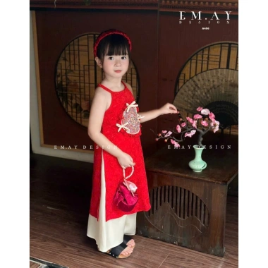 Áo dài cổ yếm Nàng Xuân cho bé gái 10-40kg, quần suông thướt tha - Giá 229.500₫