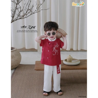 Áo Dài Cộc Tay Bé Trai BEEMO An Ngư Thêu Cá Phối Cổ Du Xuân Tết 5.401SHB 280k