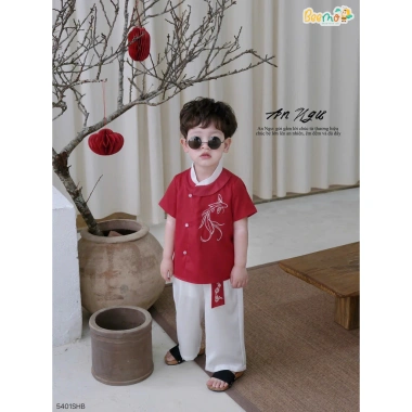 Áo Dài Cộc Tay Bé Trai BEEMO An Ngư Thêu Cá Phối Cổ Du Xuân Tết 5.401SHB 280k
