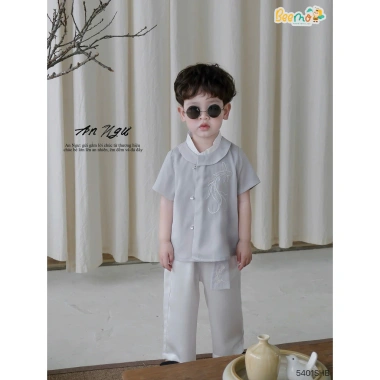 Áo Dài Cộc Tay Bé Trai BEEMO An Ngư Thêu Cá Phối Cổ Du Xuân Tết 5.401SHB 280k