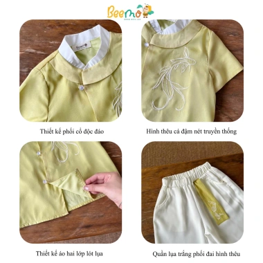 Áo Dài Cộc Tay Bé Trai BEEMO An Ngư Thêu Cá Phối Cổ Du Xuân Tết 5.401SHB 280k