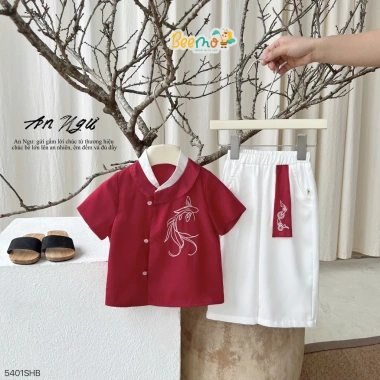 Áo Dài Cộc Tay Bé Trai BEEMO An Ngư Thêu Cá Phối Cổ Du Xuân Tết 5.401SHB 280k