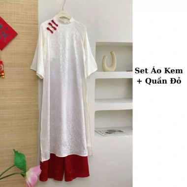 Áo dài dáng suông tay lỡ, cổ tàu rộng, cúc sò, họa tiết in chìm – chỉ 79.000₫