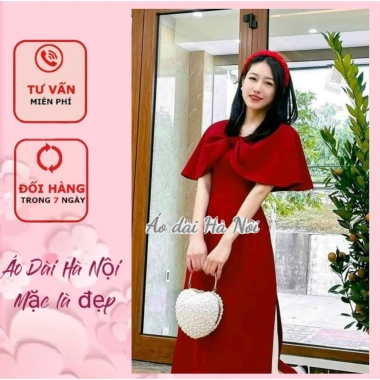 Áo dài đỏ tết 2.024 cách điệu tay choàng tiểu thư - Giá ưu đãi 90k | Áo Dài Hà Nội