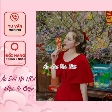 Áo dài đỏ tết 2.024 cách điệu tay choàng tiểu thư - Giá ưu đãi 90k | Áo Dài Hà Nội
