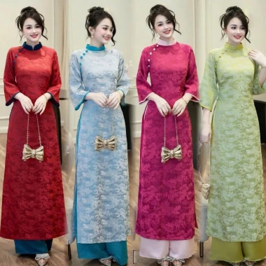 Áo dài gấm đỏ dáng ôm đa size - Thiết kế Tết 2.025, giảm giá đặc biệt 94.800₫