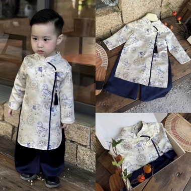 Áo Dài Gấm Trắng và Quần Lụa Xanh Than - Thời Trang Tết 2.026 Bé Trai Giá 265k