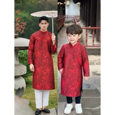 Áo Dài Gia Đình Đỏ Tết Gấm Lụa Mềm Mại, Tafta Đứng Form - Bình Ngộ 298k 4