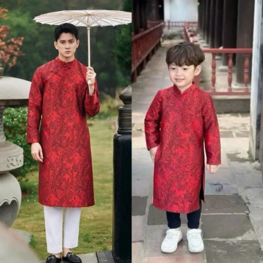 Áo Dài Gia Đình Đỏ Tết Gấm Lụa Mềm Mại, Tafta Đứng Form - Bình Ngộ 298k 5
