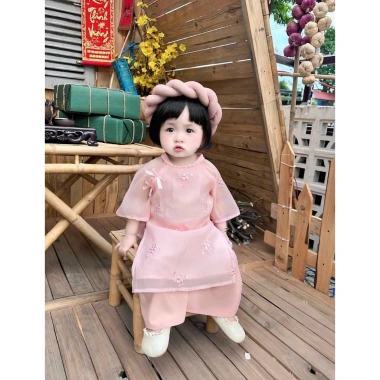 Áo Dài Hoa Hồng Voan Pháp Mềm Mại Cho Bé - Cách Tân Giá 189.000đ