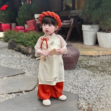 Áo Dài Hoa Kem Thêu Nhím Xù Bé Gái 6 Tháng - 8 Tuổi AD136 Giá 230k 7