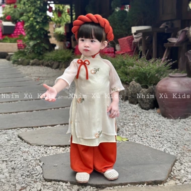Áo Dài Hoa Kem Thêu Nhím Xù Bé Gái 6 Tháng - 8 Tuổi AD136 Giá 230k 8