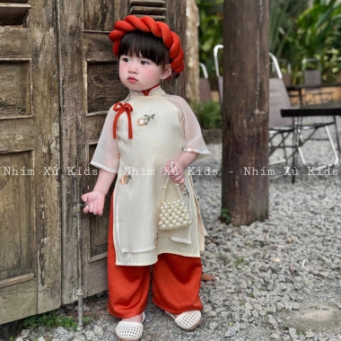 Áo Dài Hoa Kem Thêu Nhím Xù Bé Gái 6 Tháng - 8 Tuổi AD136 Giá 230k 9